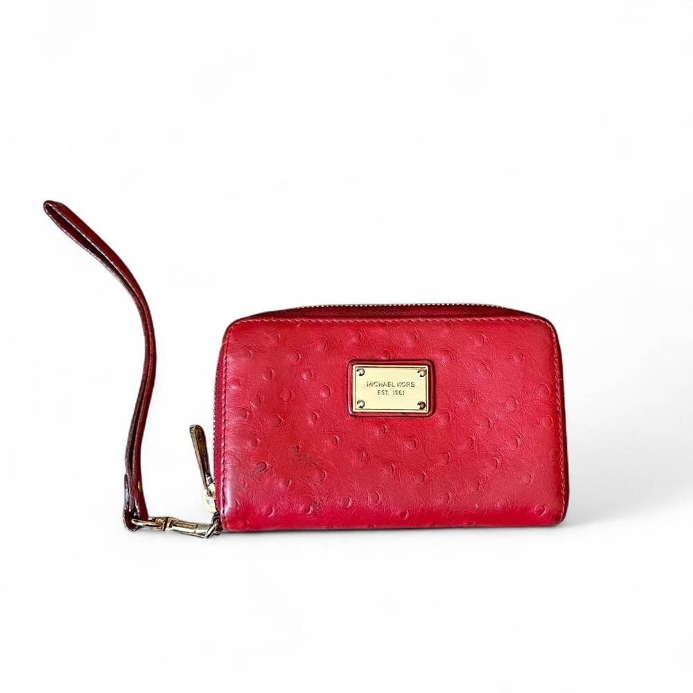 Michael Kors Red Ostrich Embossed Leather Zip Around Wristlet Wallet Pouch Small